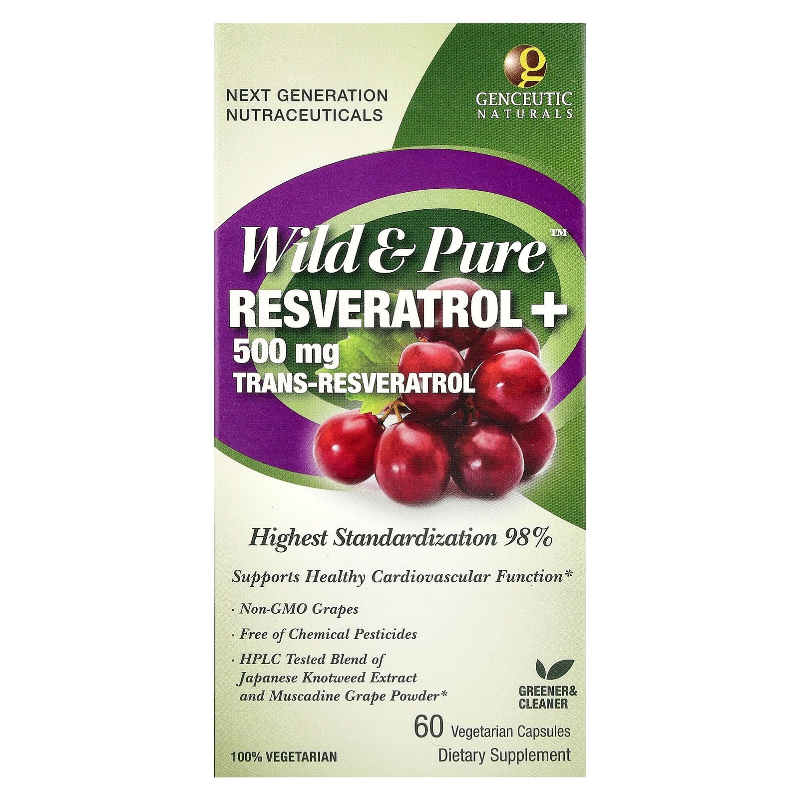 Genceutic Naturals Wild Pure Resveratrol 500 мг 60 нетоксичных капсул V-Caps