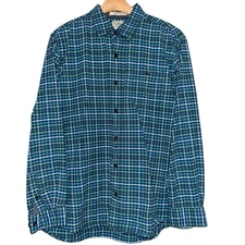 L.L. Bean L Blue Green White Checkered Plaid Cotton Flannel Button Down Shirt