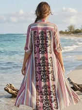 Womens Boho Maxi Duster Cardigan Large Striped Embroidered Kimono Beach Festival