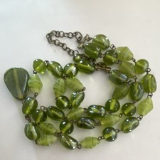 Vintage Green Art Glass Bead Necklace Lime Olive Green Teardrop Pendant