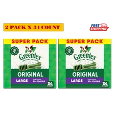 2 Packs, Greenies Large Natural Original Chicken Flavor Dental Dog Treats, 34 ct
