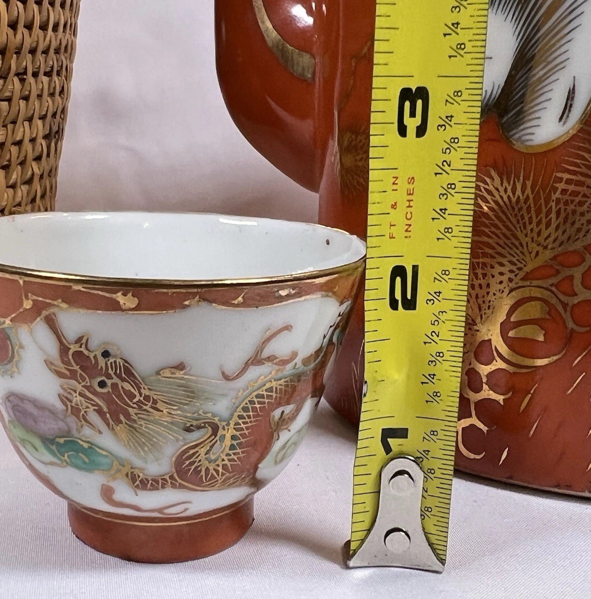 ATQ VTG Chinese Porcelain Jingdezhen Gild Crowned Crane Sand Red Glaze Tea Set