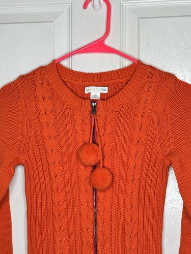 Garnet Hill Cable Knit Cardigan Sweater Girls Size XL 12-14 Orange Pom Pom Zip - Picture 3 of 4