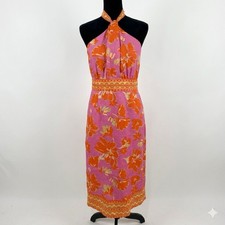 Antonio Melani Naomi Floral Linen Halter Midi Dress Pink Orange Sz 6 Resortwear