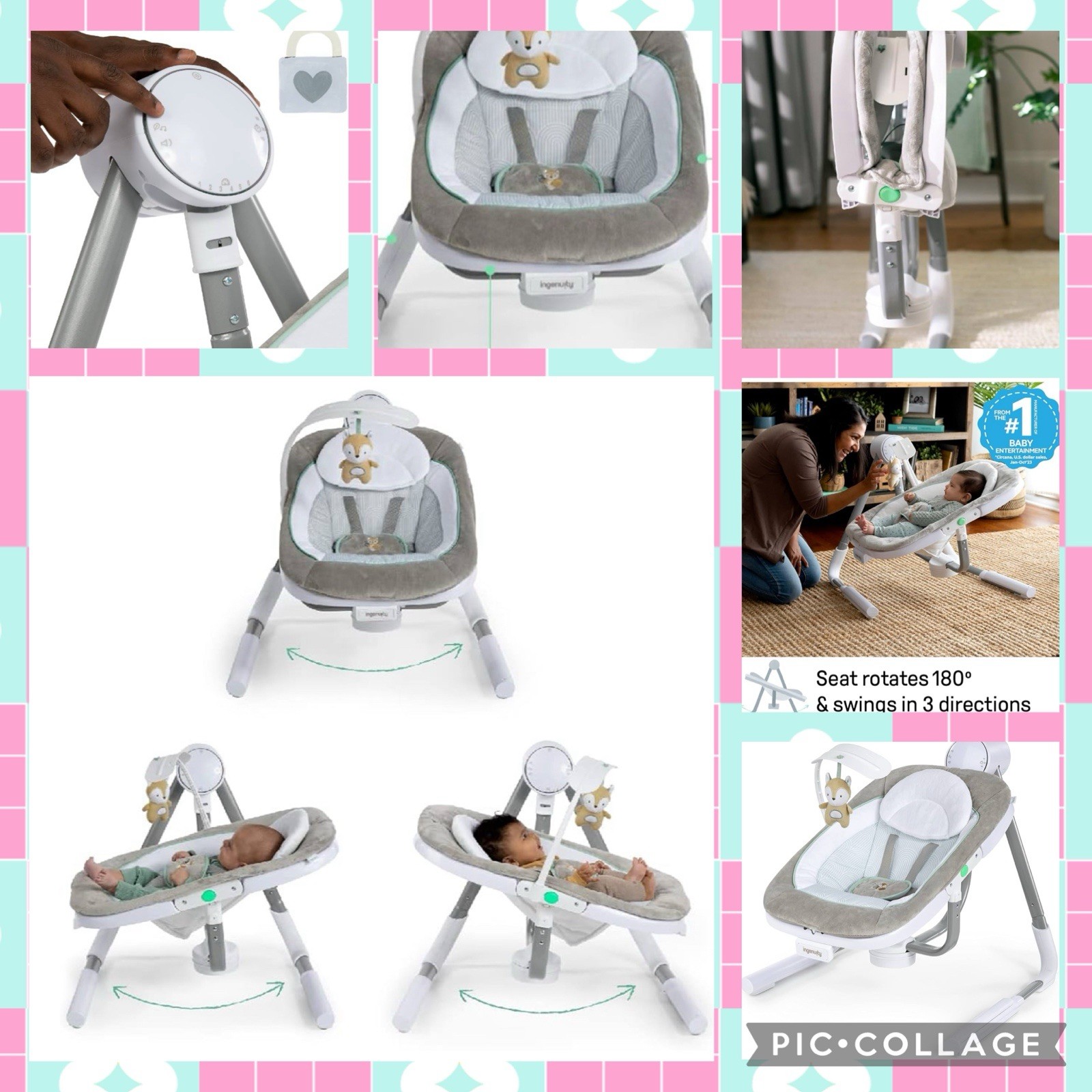 Ingenuity Any Way Sway Power Adapt Dual Direction Baby Swing Gray, 0M-9M