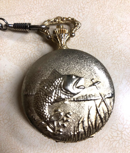 Vintage Goldtone Pocket Watch Fishing Themed