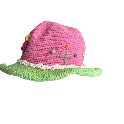 Vtg pink Colorful Crochet Kids Hat floral toddler girl 2t 3t rare cottagecore - Picture 2 of 4