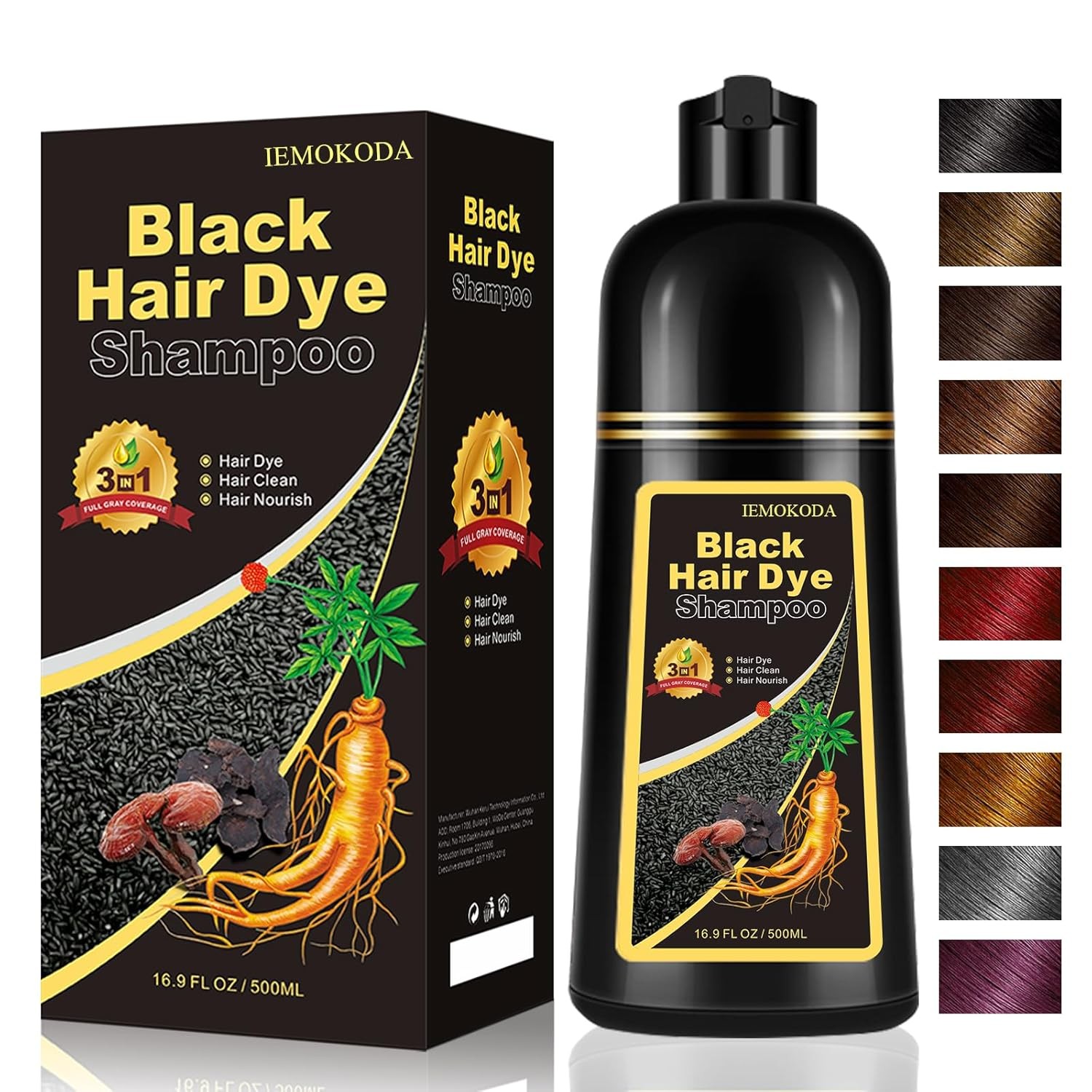 Instant Black Hair Dye Shampoo 3- in-1, 100 Percent Gray Cov