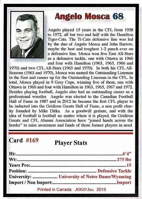Jogo CFL Alumni Assoc 2015 #169 Angelo Mosca Hamilton - 170 juegos hechos Foto 2 de 3