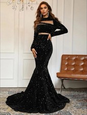 Mock Neck Mesh Panel Sequin Prom Dress Black Elegant