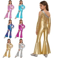 Girls Jumpsuit Tassels Disco Flare Rompers Gymnastics Overall Off Shoulder Kids