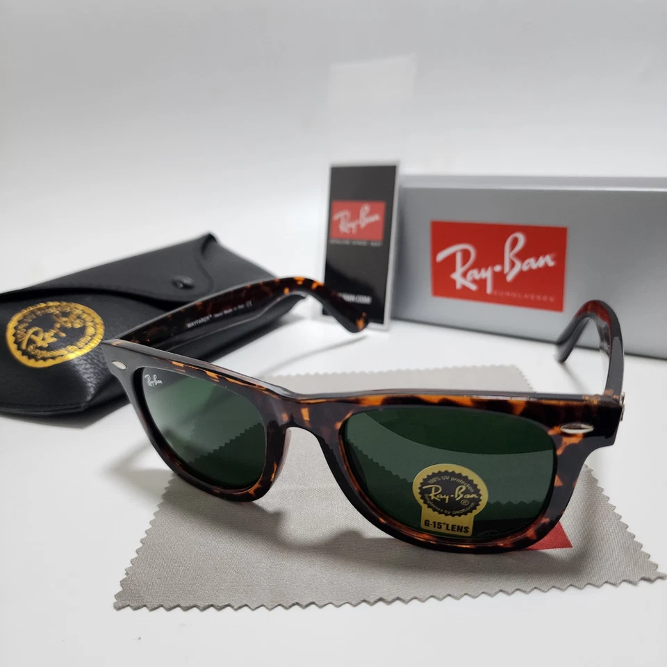 Ray-Ban RB2140 Wayfarer Classic Sunglasses Tortoise Frame Green Glass Lens 50mm - Image 2 of 4