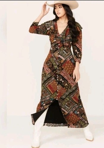 Free People Lennon Boho Festival 3/4 Ärmel Frontschlitz Maxikleid Größe Small