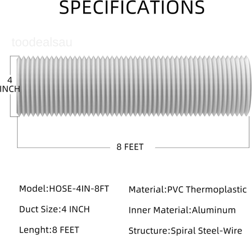 Dryer Vent Hose Flexible Aluminum Foil PVC Air Ducting for 4IN 8FT, White - Picture 5 of 7