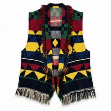 Vintage Southwestern Tapestry Fringe Vest Geometric Boho Western Concho Buckle