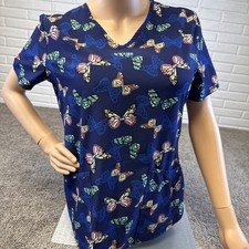 Scrubstar Scrub Top Women's Medium Blue Butterfly Prints Stained Glass V-Neck