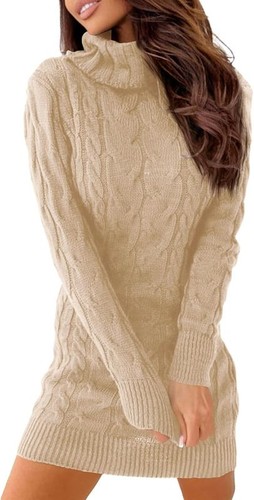 Damen Pulloverkleid Zopfmuster sexy Langarm figurbetont Rollkragen Min Pulli - Bild 8 von 40