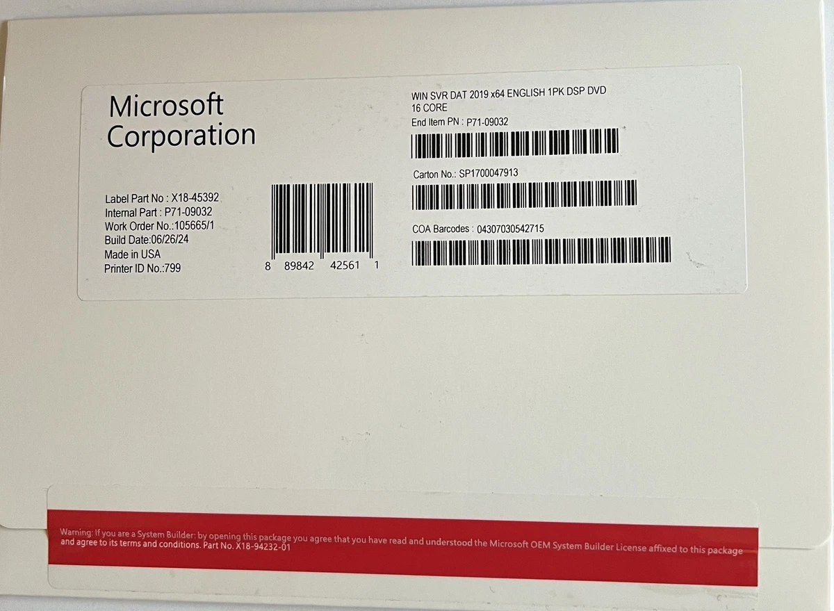 Microsoft Windows Server 2019 Datacenter 16 núcleos DVD + llave sellada
