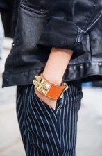 HERMES Collier de Chien Palladium Plated Orange Leather Bracelet 