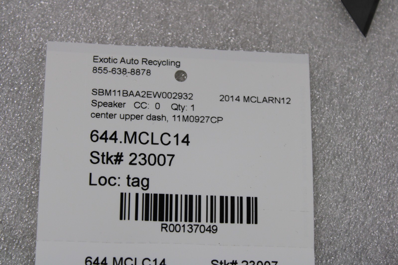 McLaren MP4-12C, Center Upper Dash Speaker, Used, P/N 11M0927CP