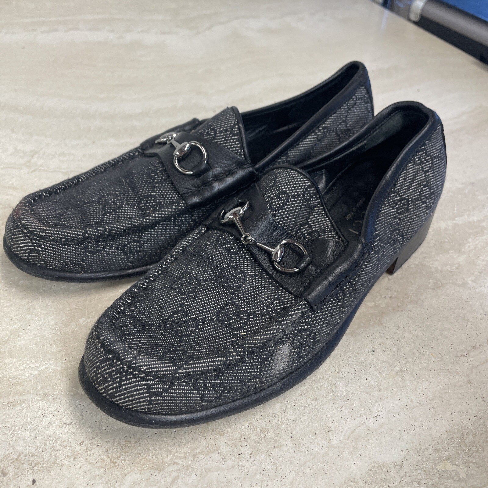 Gucci Black Canvas GG Horsebit Loafers Size 8B Slip On Shoes-image