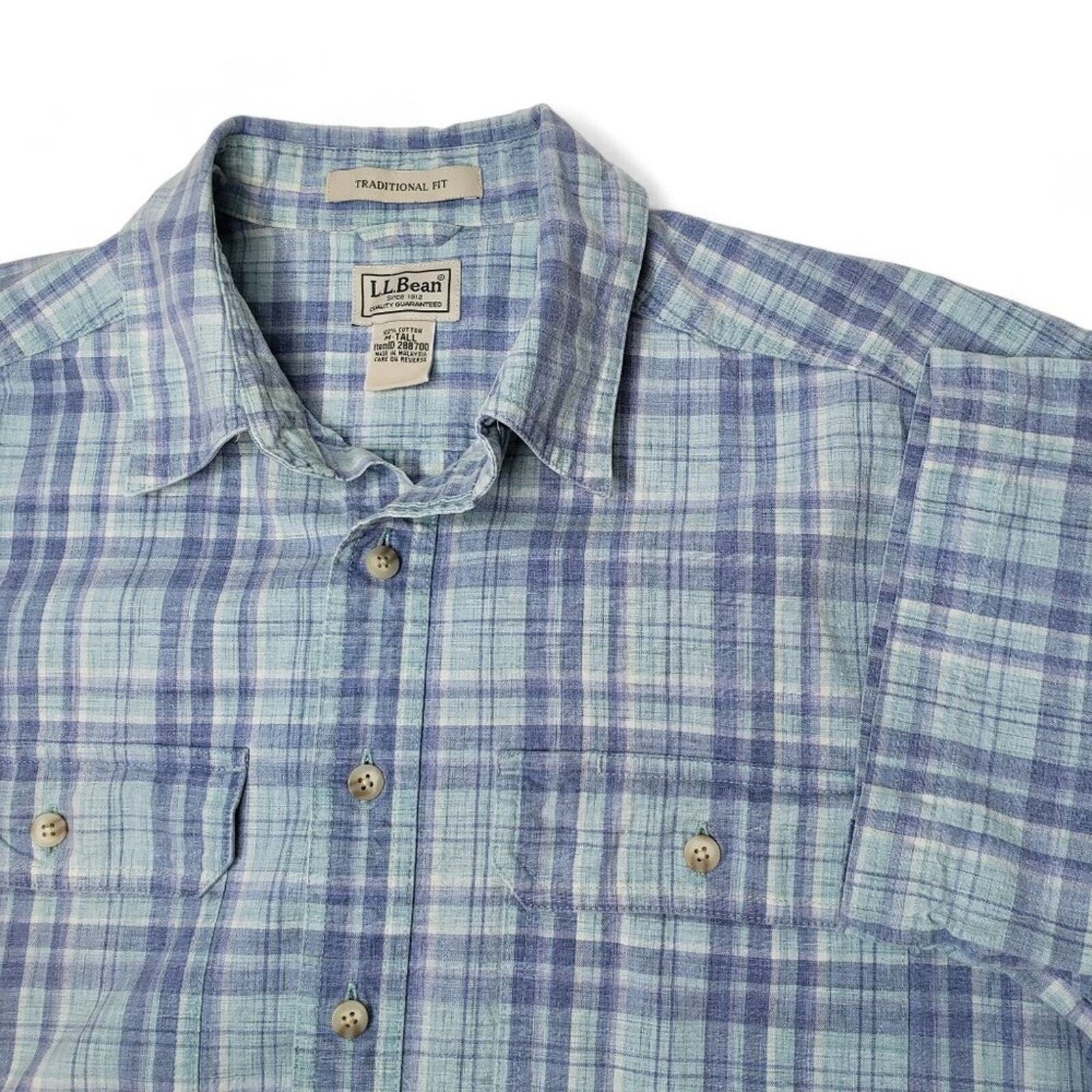 LL Bean Sunwashed Canvas Shirt Men's Plaid Button Down Short Sleeve Camp M Tall