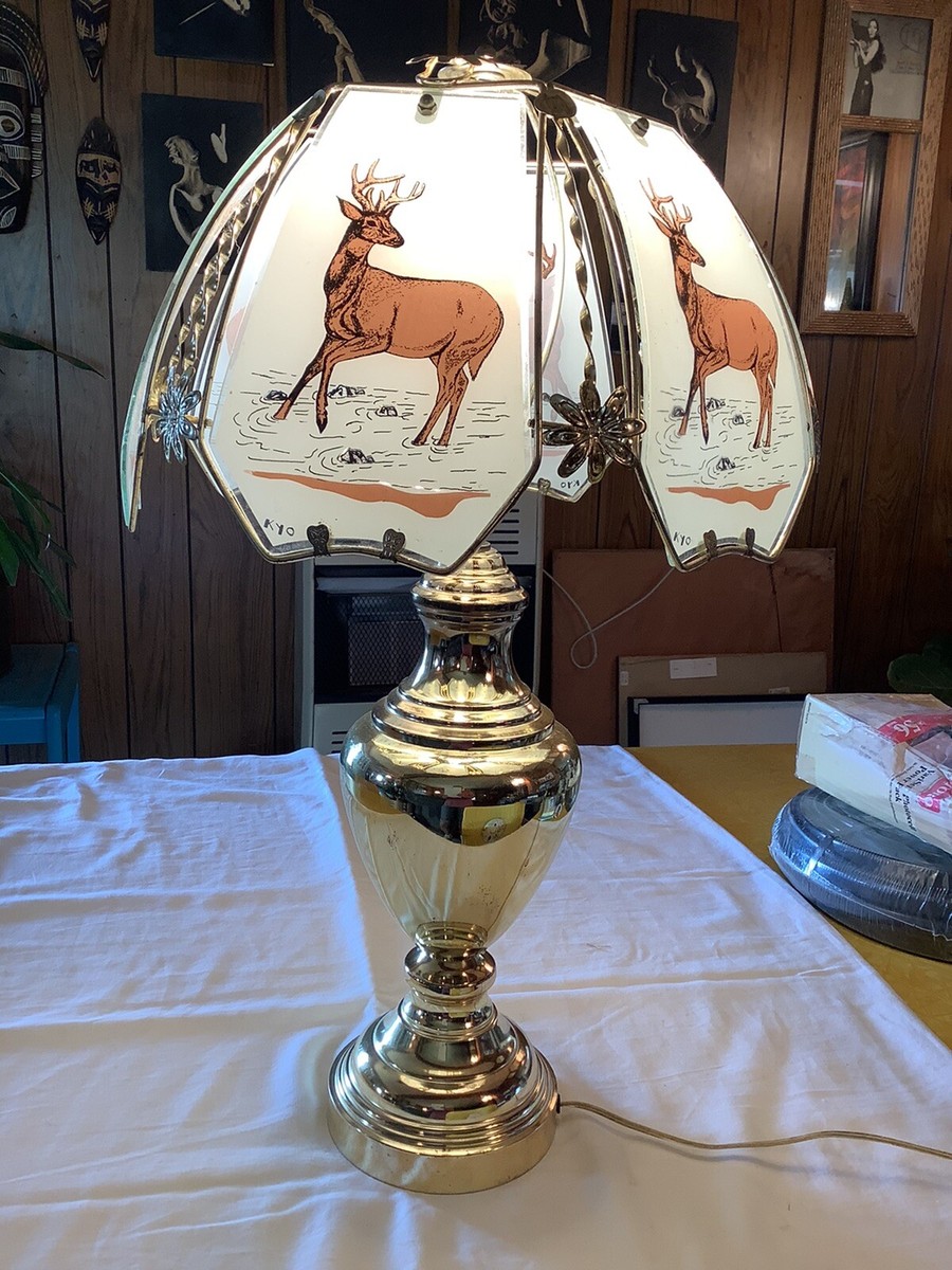 Vintage 6 Glass Panel DEER BUCK LAMP Gold Base KYO 25