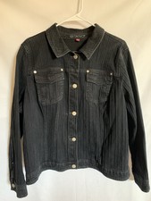 Vtg 80s Black Gitano Jean Jacket 18w Striped Stretch Spandex Button Front Euc