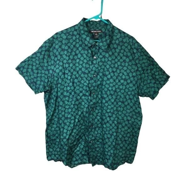MICHAEL KORS 100% Linen Casual Button Down Shirt XL Blue Green Short Sleeve