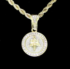 Small Round Angel CZ Pendant 24" Rope Chain 14k Gold Plated Hip Hop Jewelry