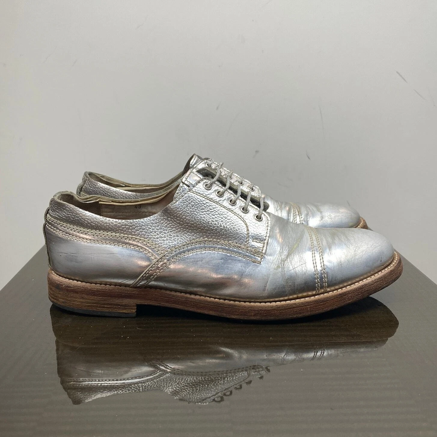 Acne Studios Askin Metal Silver Cap Toe Derby Oxford scarpe uomo 43 US 10