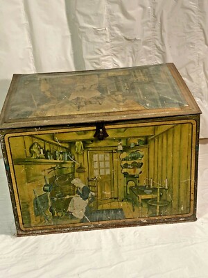 Vtg CANCO TIN w 5 Different 19th Century Global Kitchen Scenes Hinged Metal Box