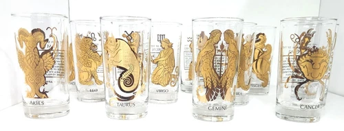 Vintage MCM MINT Zodiac 22kt Gold Glass tumblers FULL SET of 12 Barware RARE!