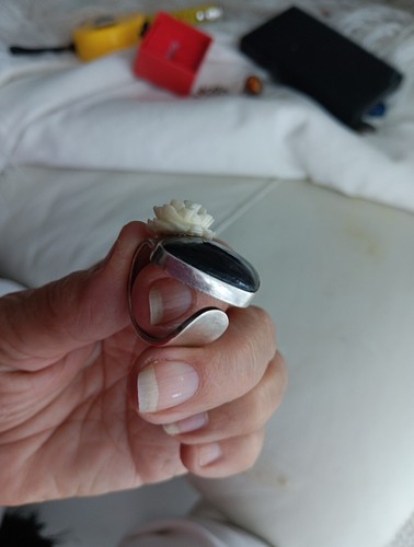 Ring .925. Onix Rose Carved Very Good Size Sapphires? H.Made 11 .adjustable - Picture 3 of 15