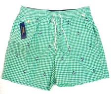 Polo Ralph Lauren Green  White Gingham  Anchor Pattern Swim Trunks Men's NWT