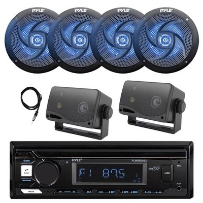 Pyle Marine Bluetooth Receiver, 4x 4'' 100W Blue LED + 2x 3.5'' Speakers, Antenna
