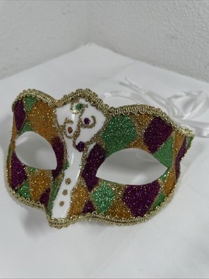 SHIMMERING Glitter Harlequin Gold Green Purple Diamond Shape Mardi Gras Eye Mask