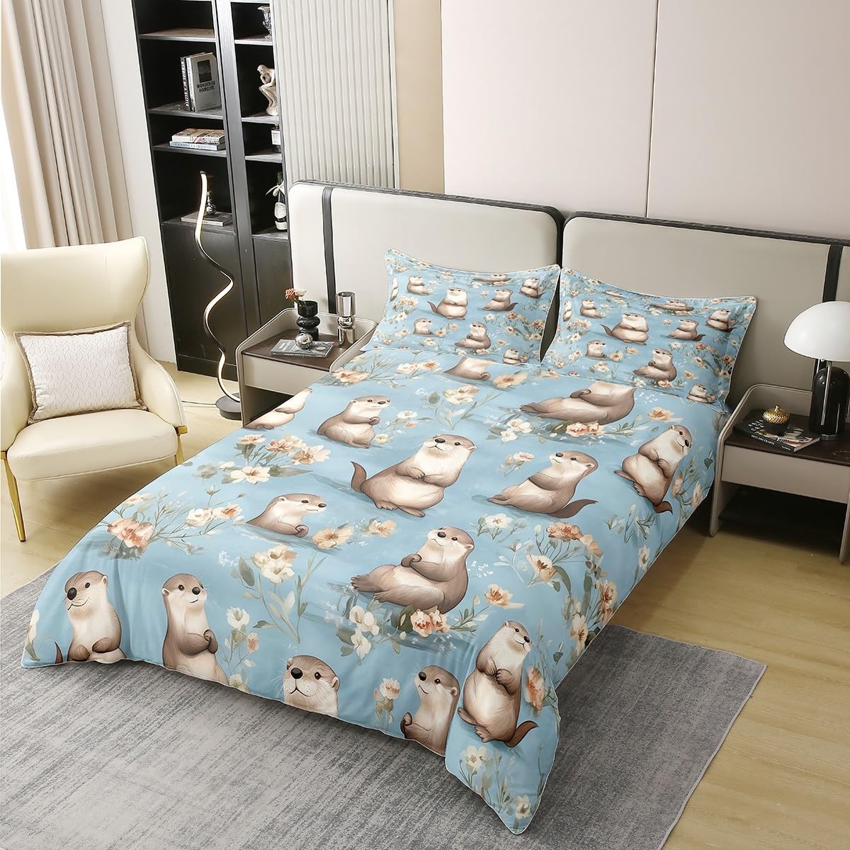 100% Cotton Cartoon Otter Duvet Cover Twin Size 2 Pcs Cute Gray Wild Animal D...