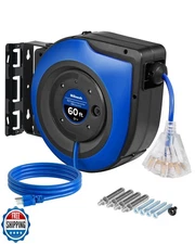 WILAWELS Retractable Cord Reel, 60 FT Heavy Duty Extension Cord, 12AWG/3C SJT