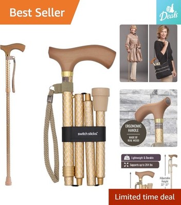 Engraved Pearl Gold Folding Walking Cane for Men & Women - Adjustable 32''-37''