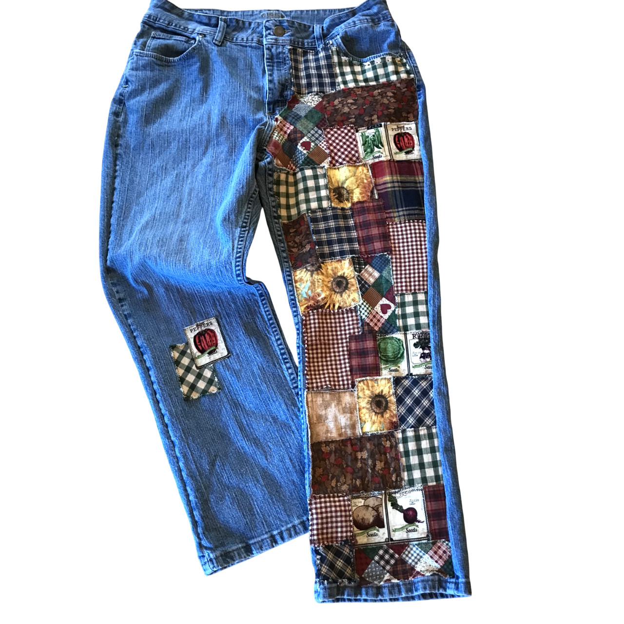 Upcycled Patchwork Jeans, Handmade Sunflower Gard… - image 1