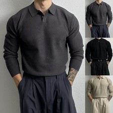 Men's Loose Fit Knitted Pullover Sweater with Lapel Neck Long Sleeve Solid Top