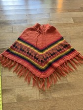 Hand Knit Alpaca Wool Andean Poncho Fringe Folk Textile Cape Southwestern VTG