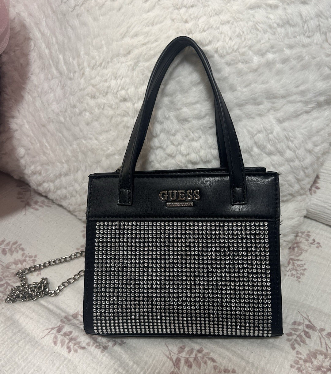 GUESS Black Mini Satchel Top Handle Bag Rhinestone Front Silver Chain Strap