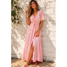 Vintage 70s Pink Lace Trim Duster House Dress Button Front Nightgown Pastel M/L
