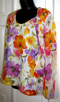 100% Silk Blouse Multicolored Floral Tie-Bow Puff-Long-Sleeve ALVA Wm's 12