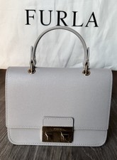 FURLA Top Handle Bag Light Gray Leather Italy Small Satchel Dust Bag Gold Buckle
