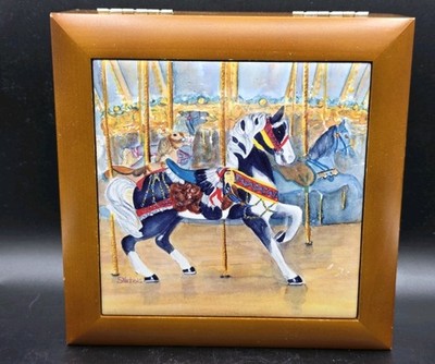 Vintage Wood Painted Tile Top Carousel Hirse S. Nichols Jewelry Box Signed
