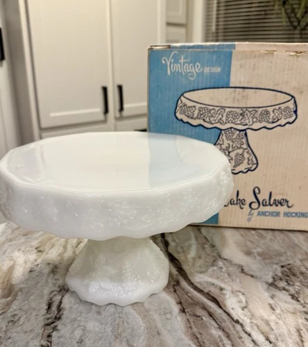 Vintage Anchor Hocking Milk White 11” Footed Cake Stand Pastry Plate with Box