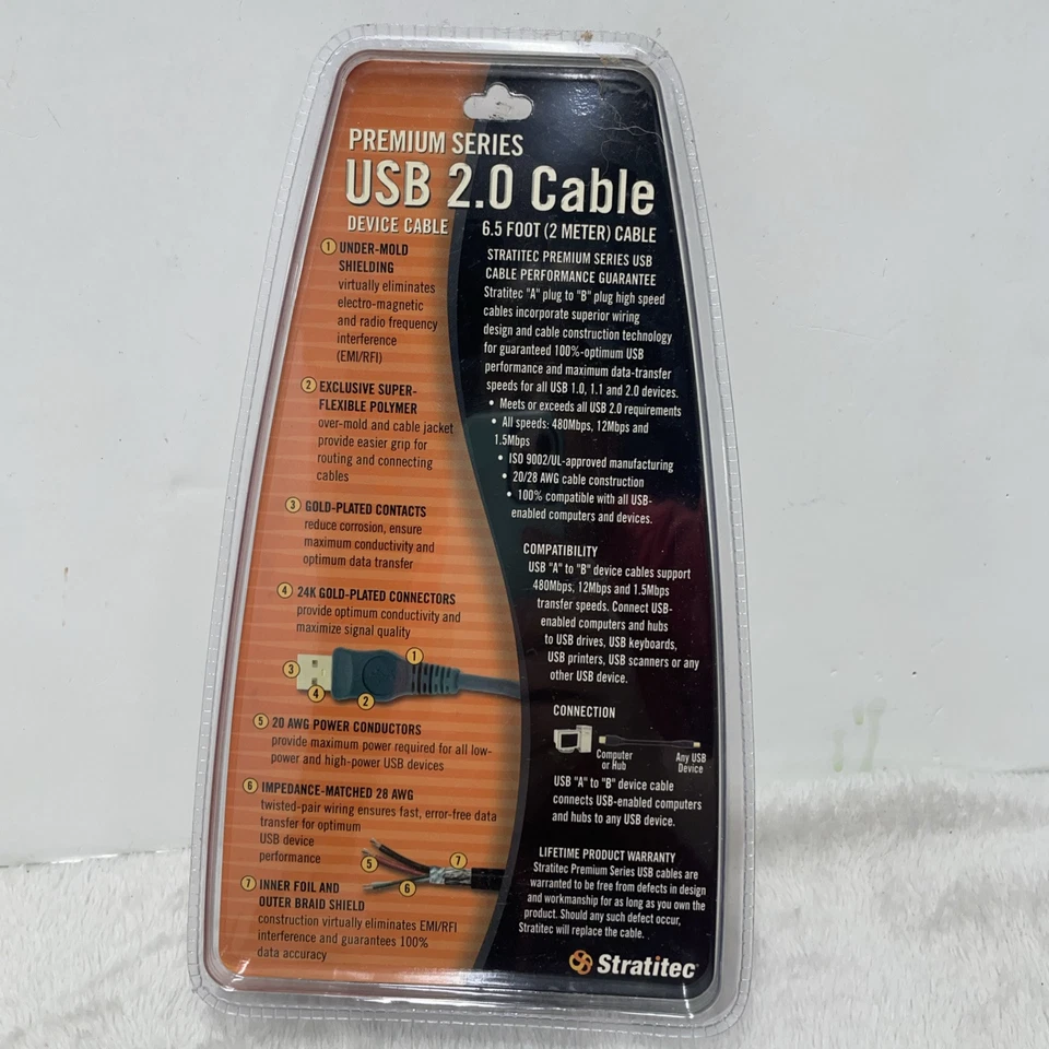 Stratitec Premium Series 6.5 Feet USB 2.0 24K Gold Connectors - High Speed Cable - Image 2 of 3